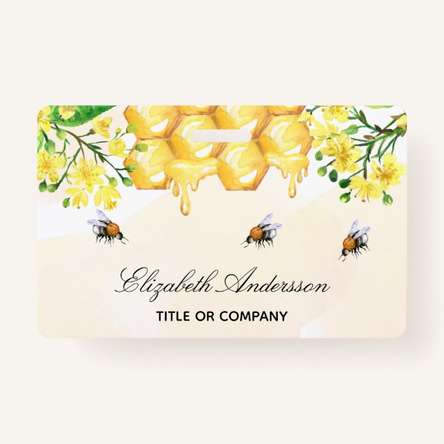 Badge Bumble abeilles miel jaune nom floral script (Devant)