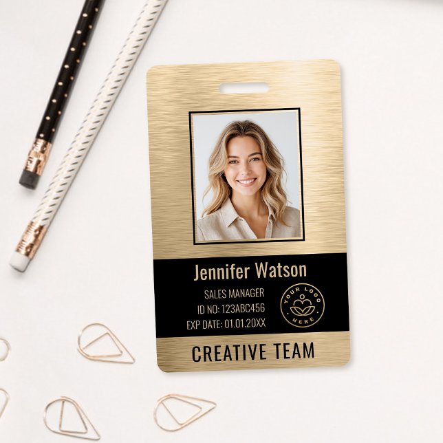 Badge Business Employee Photo Faux Brushed Gold Black ID (Créateur téléchargé)