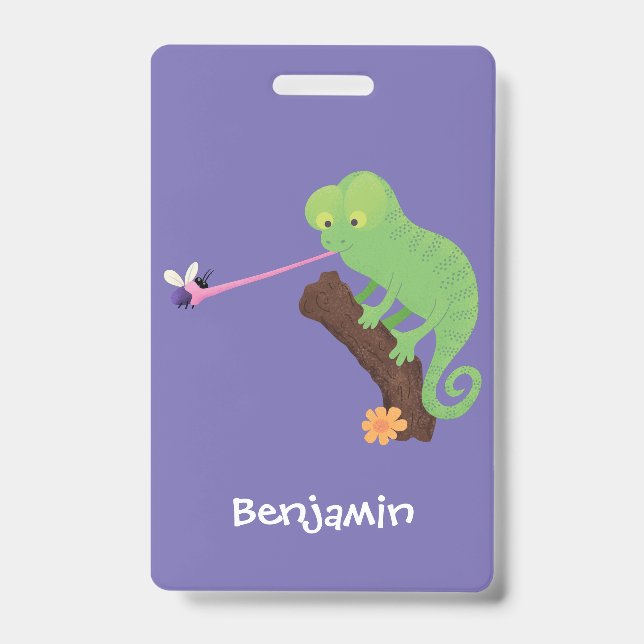 Badge Caméléon lézard de dessin animé vert drôle mignon  (Avant)