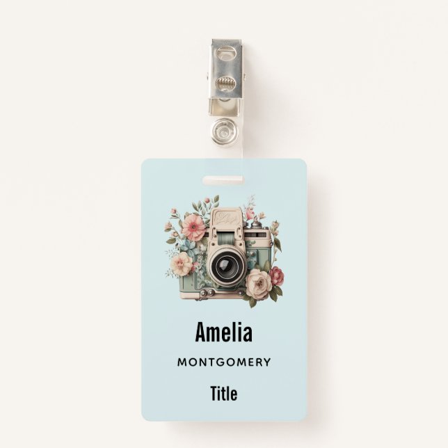 Badge Camera with Flowers Retro Pastel Image (Devant avec clip)