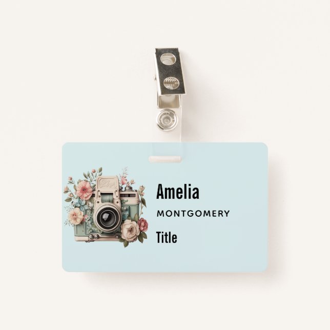 Badge Camera with Flowers Retro Pastel Image (Devant avec clip)
