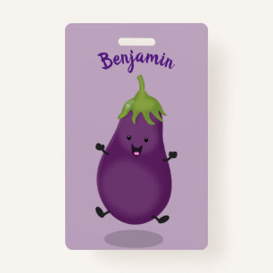 Badge Caricature d'aubergine d'aubergine joliment heureu