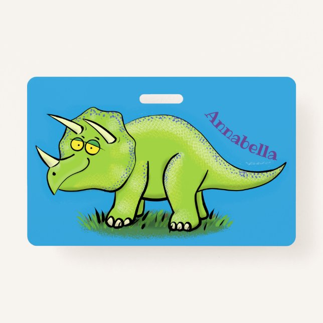 Badge Caricature de dinosaure de triceratops vert mignon (Devant)