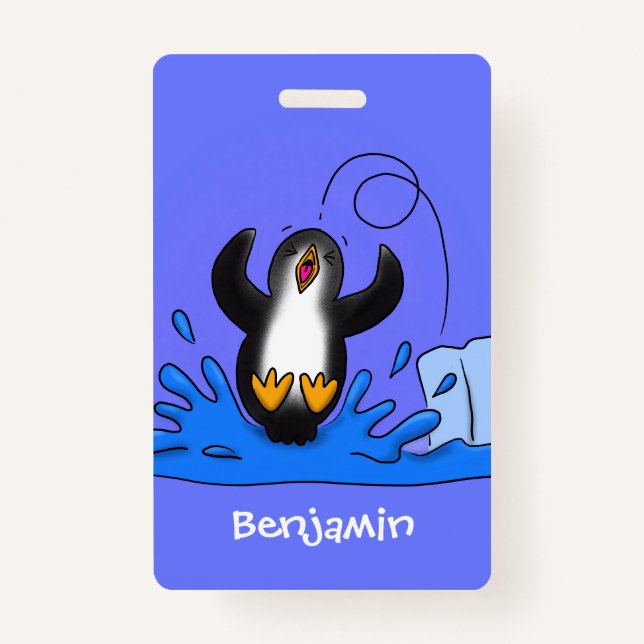 Badge Caricature de manchot joyeux sautant (Devant)