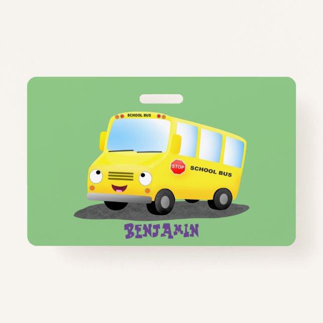 Badge Caricature du bus scolaire jaune joyeux (Devant)