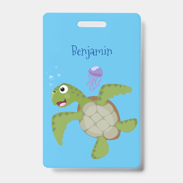 Badge Caricature joyeuse de tortue de mer verte mignonne (Face)