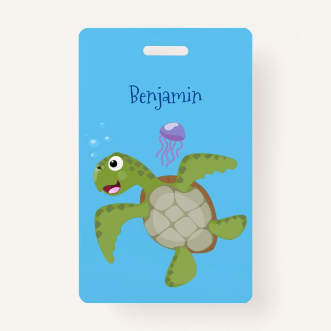 Badge Caricature joyeuse de tortue de mer verte mignonne (Devant)