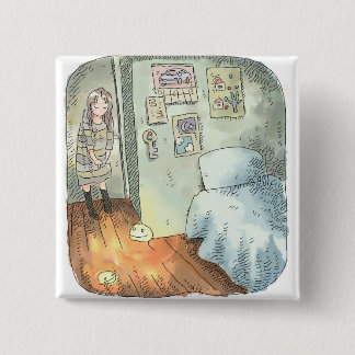 BADGE CARRÉ 5 CM さやいしじ 水色の壁、橙色の床のお部屋で隅っこに立っている女性のイラスト