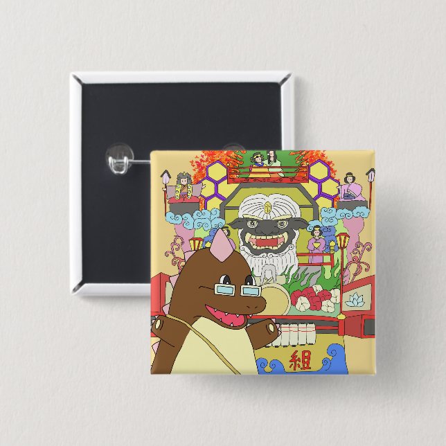 BADGE CARRÉ 5 CM 道の駅くじ　やませ土風館オリジナルキャラクターどっふぅくん　スクエア缶バッジ (Devant & derrière)