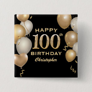 Badge Carré 5 Cm 100e fête d'anniversaire Ballons Noir et Or