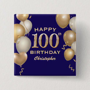 Badge Carré 5 Cm 100e fête d'anniversaire Marine Bleu et Ballons d'