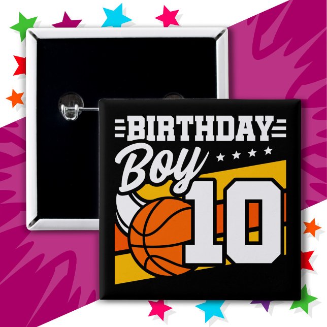 Badge Carré 5 Cm 10 ans Basketball Party 10e anniversaire garçon (Créateur téléchargé)