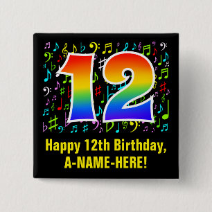 Badge Carré 5 Cm 12e anniversaire : Symboles de musique colorée, Ar