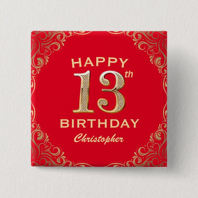 Badge Carré 5 Cm 13e anniversaire Parties scintillant rouge et or c (Devant)