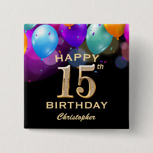 Badge Carré 5 Cm 15e anniversaire de la fête Ballons Noir et Or