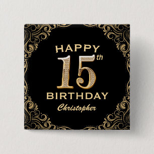 Badge Carré 5 Cm 15e anniversaire de la Parties scintillant Noir et