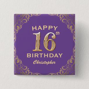 Badge Carré 5 Cm 16e anniversaire fête violet et or Parties scintil