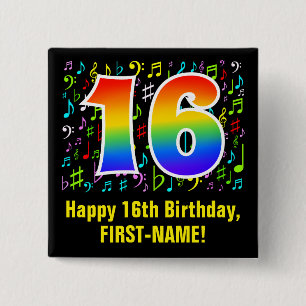 Badge Carré 5 Cm 16e anniversaire : Symboles de musique colorée, A