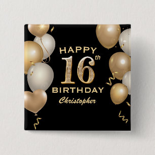 Badge Carré 5 Cm 16e fête d'anniversaire Ballons noirs et or
