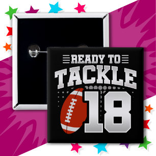 Badge Carré 5 Cm 18 ans Tackle Football Party 18e anniversaire