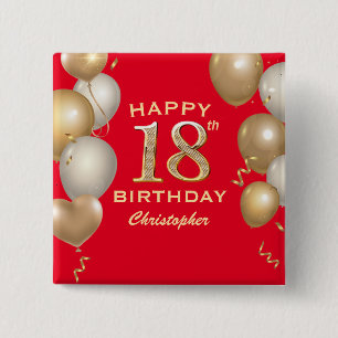 Badge Carré 5 Cm 18e fête d'anniversaire Ballons rouge et or