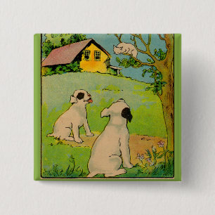 Badge Carré 5 Cm 1914 deux chiens et un petit chat blanc