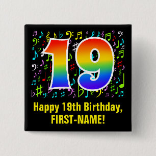 Badge Carré 5 Cm 19e anniversaire : Symboles de musique colorée, A