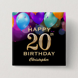 Badge Carré 5 Cm 20e fête d'anniversaire Ballons Noir et Or