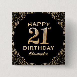 Badge Carré 5 Cm 21e anniversaire Parties scintillant noir et or ca