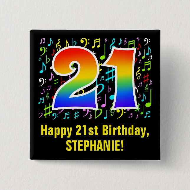Badge Carré 5 Cm 21e anniversaire : Symboles de musique colorée, Ar (Devant)