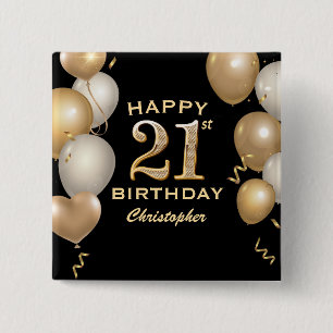 Badge Carré 5 Cm 21e fête d'anniversaire Ballons Noir et Or