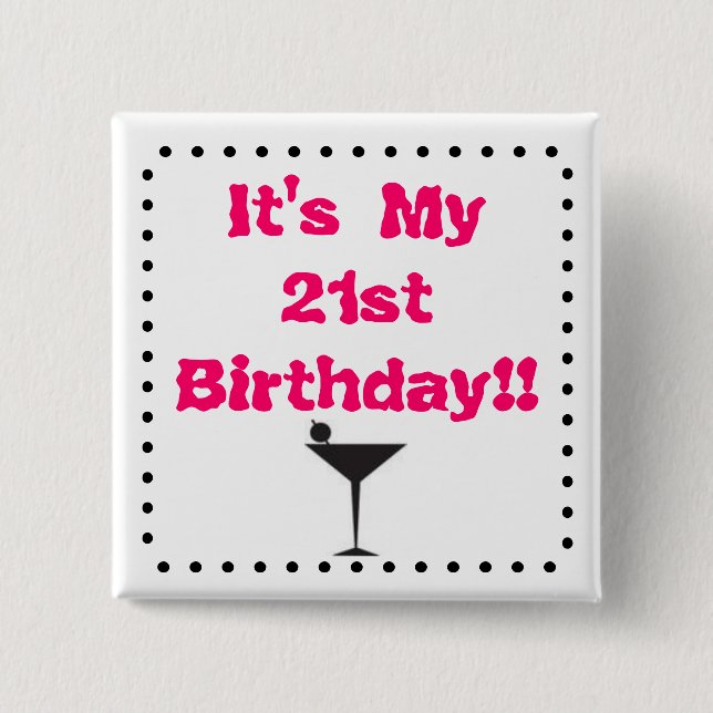 Badge Carré 5 Cm 21ème Anniversaire avec le verre de Martini (Devant)
