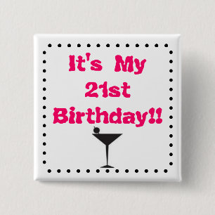 Badge Carré 5 Cm 21ème Anniversaire avec le verre de Martini