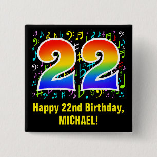 Badge Carré 5 Cm 22e anniversaire : Symboles de musique colorée, Ar