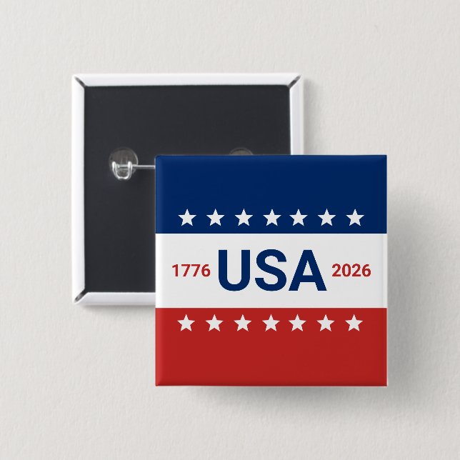 Badge Carré 5 Cm 250e anniversaire des USA 1776 2026 Bleu blanc rou (Devant & derrière)