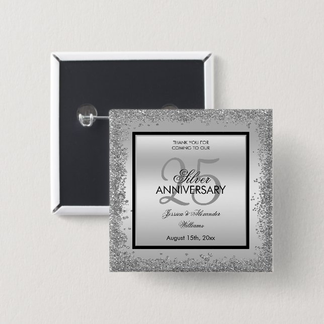 Badge Carré 5 Cm 25e anniversaire du Mariage Glitzy Silver & Black (Devant & derrière)