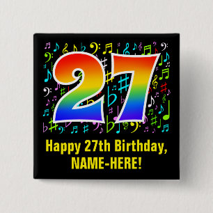 Badge Carré 5 Cm 27e anniversaire : Symboles de musique colorée, Ar