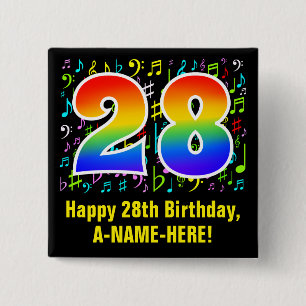 Badge Carré 5 Cm 28e anniversaire : Symboles de musique colorée, Ar