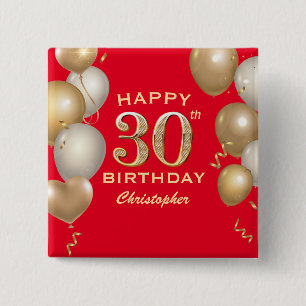 Badge Carré 5 Cm 30e Anniversaire des Ballons Rouge et Or