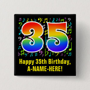 Badge Carré 5 Cm 35e anniversaire : Symboles de musique colorée, A