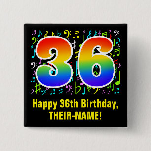 Badge Carré 5 Cm 36e anniversaire : Symboles de musique colorée, Ar
