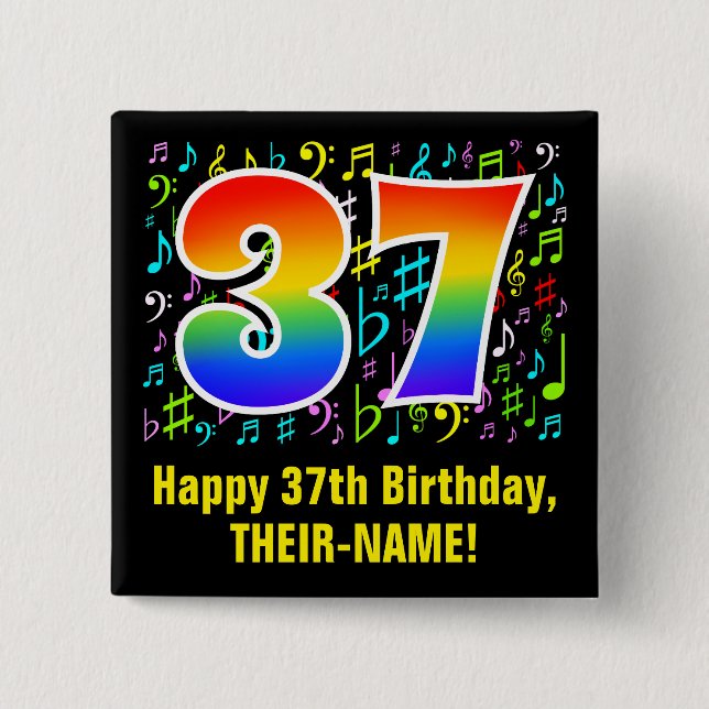 Badge Carré 5 Cm 37e anniversaire : Symboles de musique colorée, Ar (Devant)
