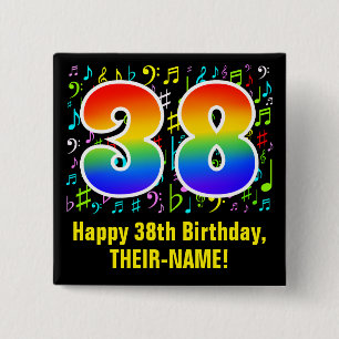 Badge Carré 5 Cm 38th Birthday: Colorful Music Symbols, Rainbow 38
