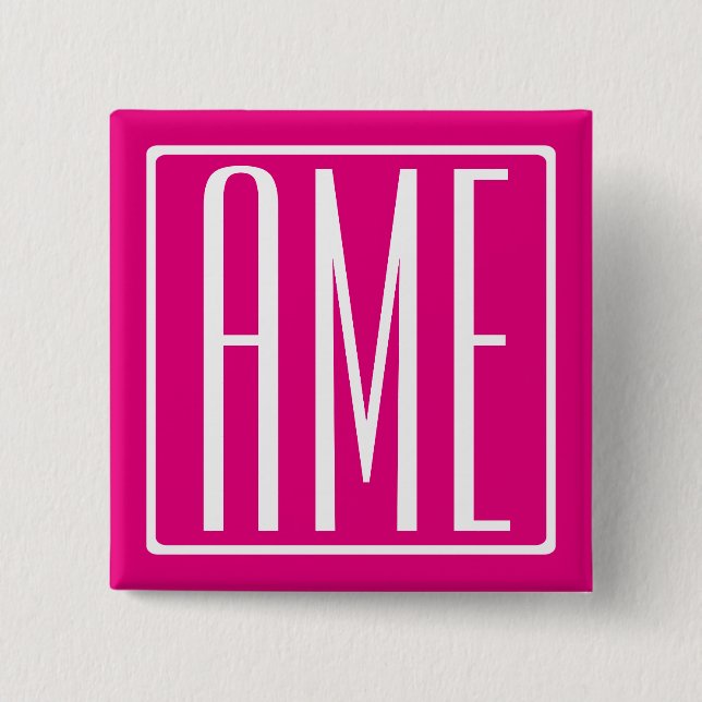 Badge Carré 5 Cm 3 Initiales Monogramme | Blanc sur rose chaud (Devant)