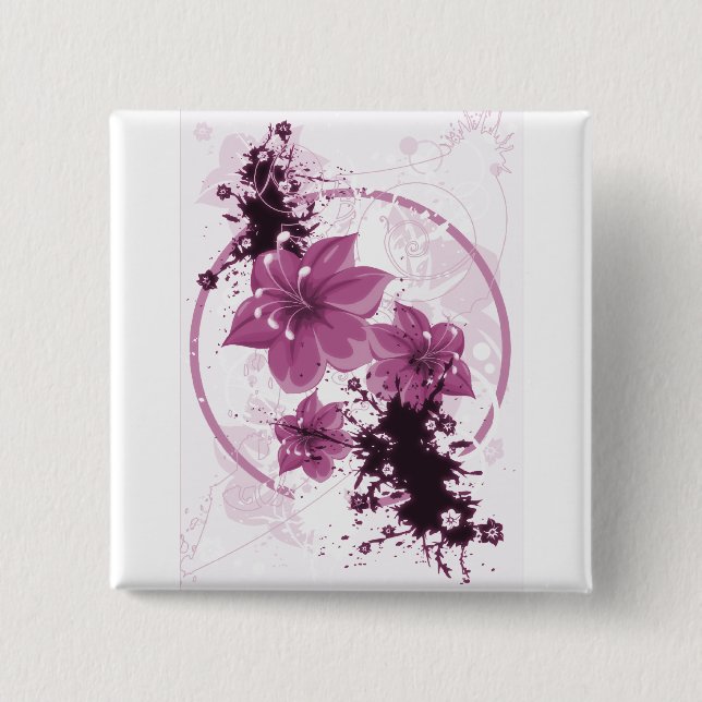 Badge Carré 5 Cm 3 jolies fleurs - rose (Devant)