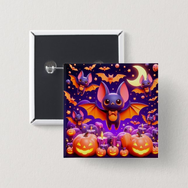 Badge Carré 5 Cm 3D bats pumpkins halloween (Devant & derrière)