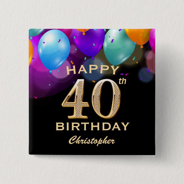 Badge Carré 5 Cm 40e fête d'anniversaire Ballons noirs et or (Devant)