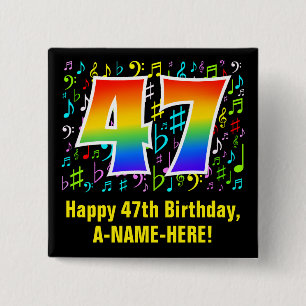 Badge Carré 5 Cm 47e anniversaire : Symboles de musique colorée, A