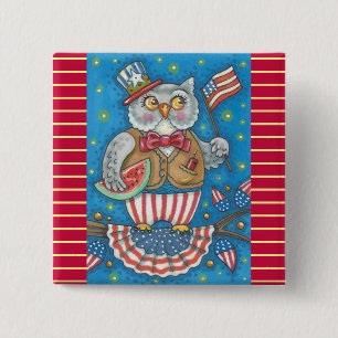 Badge Carré 5 Cm 4 juillet HOT OWL, Carré DE BOUTON OISEAU