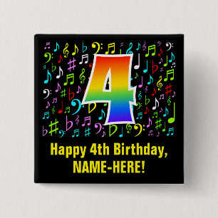 Badge Carré 5 Cm 4e anniversaire : Symboles de musique colorée, Arc